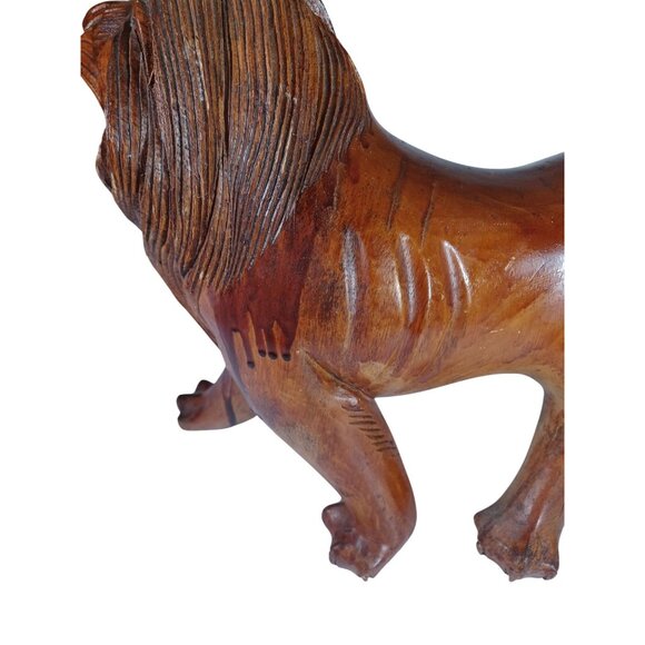 Set o2 Huge Hand-Carved Mid Century Wooden Wood  Roaring Lion Statues 17x13 - Picture 10 of 16